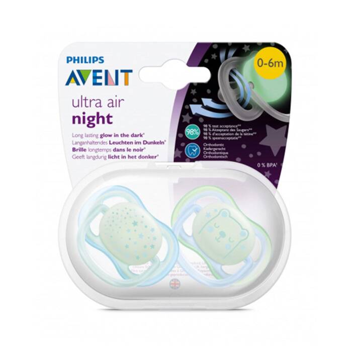 Philips Avent Ultra Air Night Karanlıkta Parlar Emzik 0-6 Ay 2'li (Mavi ve Yeşil Desenli) - 1