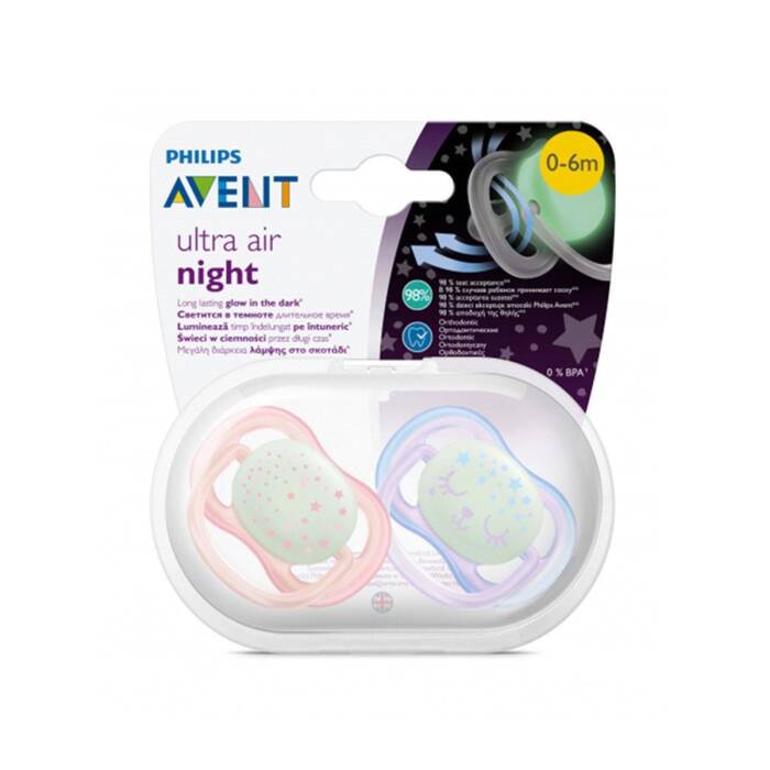 Philips Avent Ultra Air Night Karanlıkta Parlar Emzik 0-6 Ay 2'li (Pembe ve Mavi Desenli) - 1