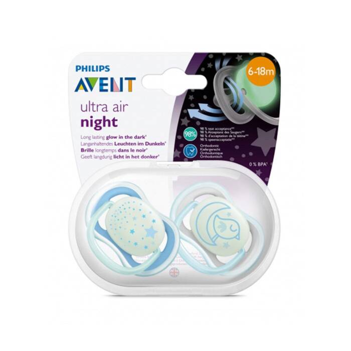 Philips Avent Ultra Air Night Karanlıkta Parlar Emzik 6 - 18 Ay 2'li (Mavi ve Yeşil Desenli) - 1