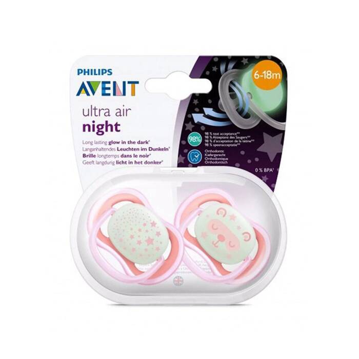 Philips Avent Ultra Air Night Karanlıkta Parlar Emzik 6-18 Ay 2'li (Pembe Desenli) - 1