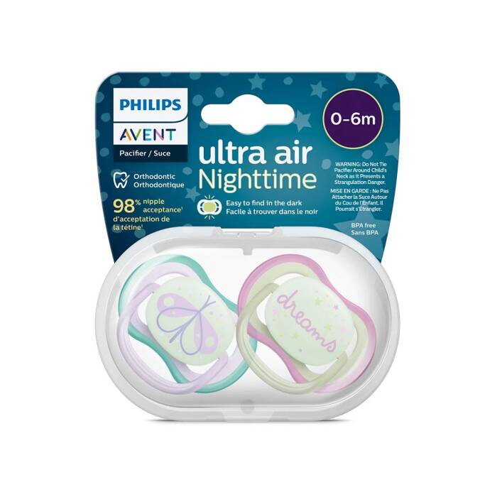 Philips Avent Ultra Air Nighttime Gece Emziği 0-6 Ay 2'li (Yeşil ve Mor Desenli) - 1