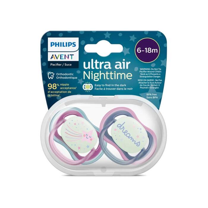 Philips Avent Ultra Air Nighttime Gece Emziği 6-18 Ay 2'li (Mavi ve Pembe Desenli) - 1