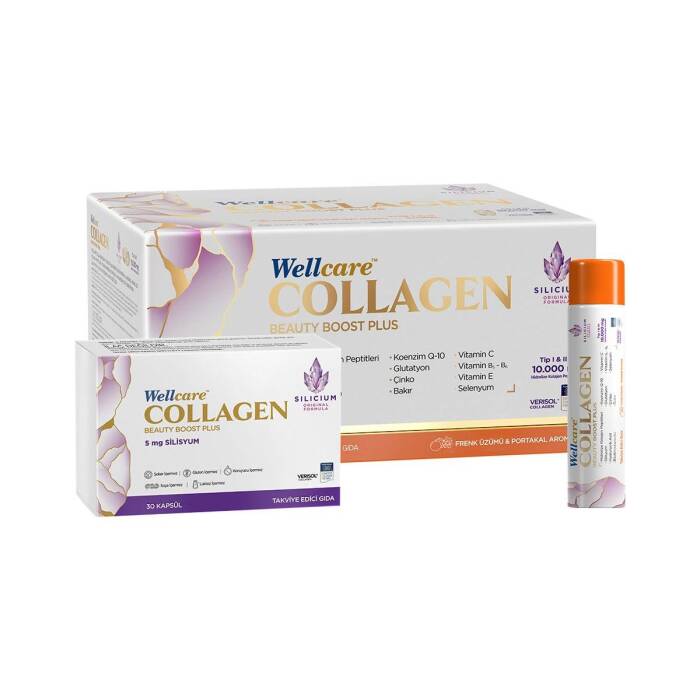 Wellcare Collagen Beauty Plus 10.000 mg Frenk Üzümü & Portakal Aromalı Likit 30 Tüp x 40 ml + 30 Kapsül - 1